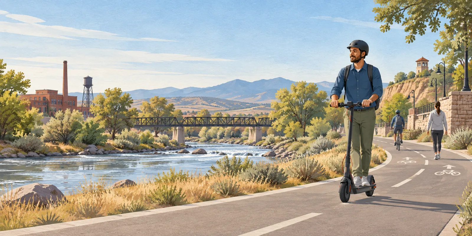 Helmeted rider using a stand-up electric scooter on a paved route beside the Arkansas River in Pueblo, with a bicyclist and pedestrian ahead.