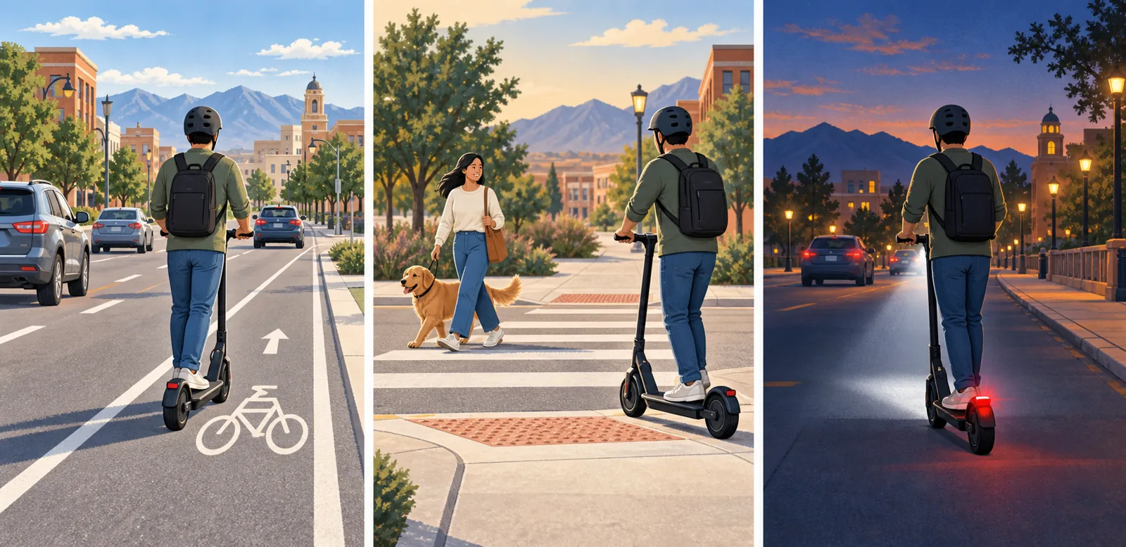 Three scenes showing a helmeted scooter rider traveling with traffic in a bike lane, yielding to a pedestrian at a crosswalk, and using front and rear lights after dark.